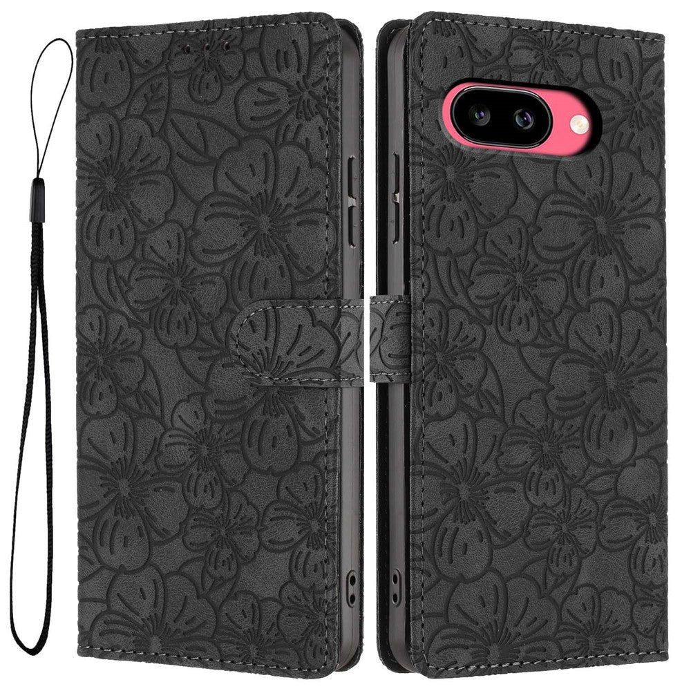 For Google Pixel 9a Flip Case Cherry Blossom Pattern Leather Wallet Stand Phone Cover with Wrist Strap