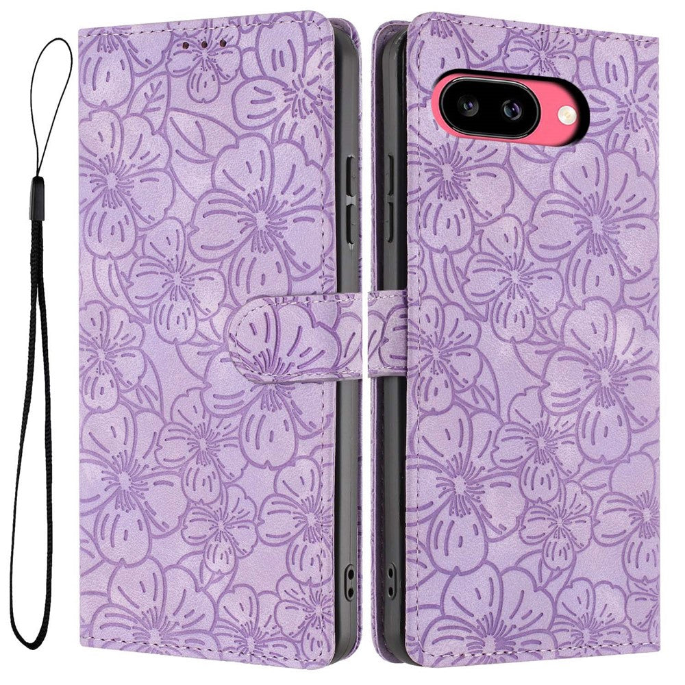 For Google Pixel 9a Flip Case Cherry Blossom Pattern Leather Wallet Stand Phone Cover with Wrist Strap