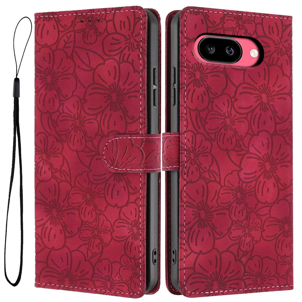 For Google Pixel 9a Flip Case Cherry Blossom Pattern Leather Wallet Stand Phone Cover with Wrist Strap