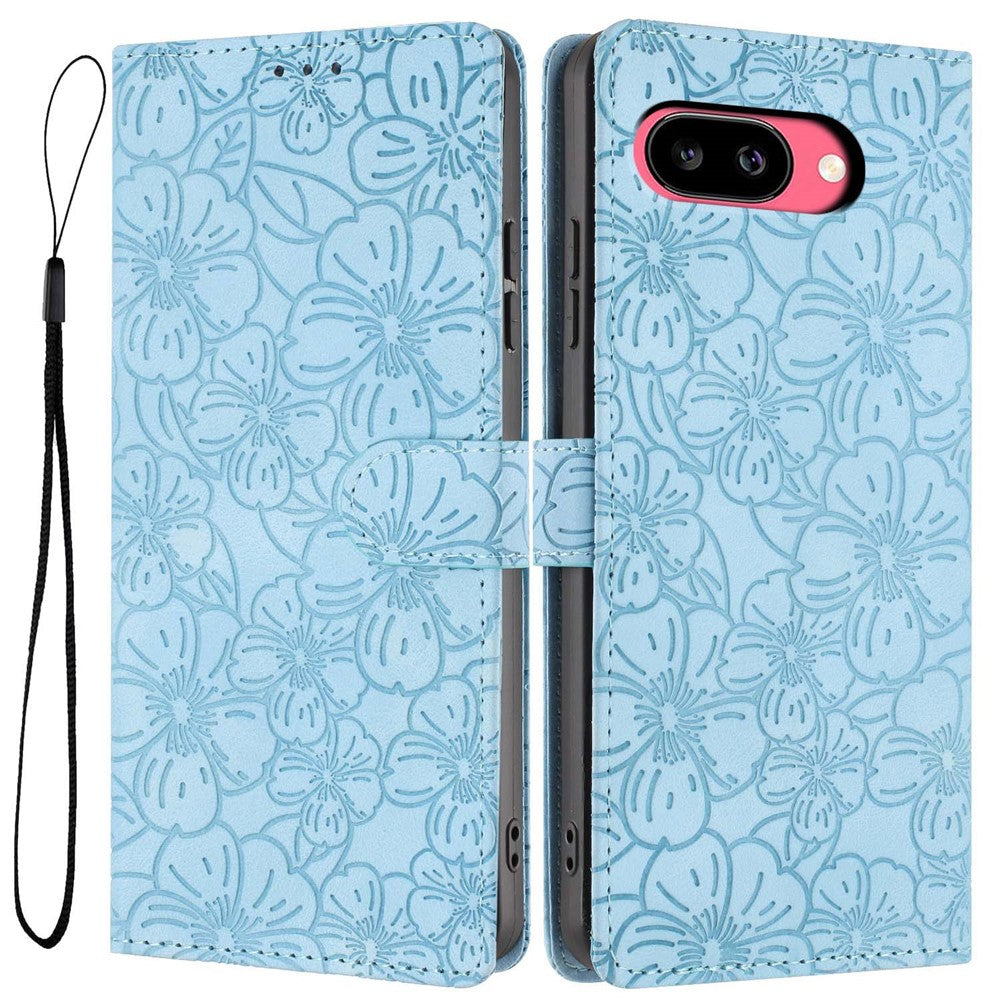 For Google Pixel 9a Flip Case Cherry Blossom Pattern Leather Wallet Stand Phone Cover with Wrist Strap