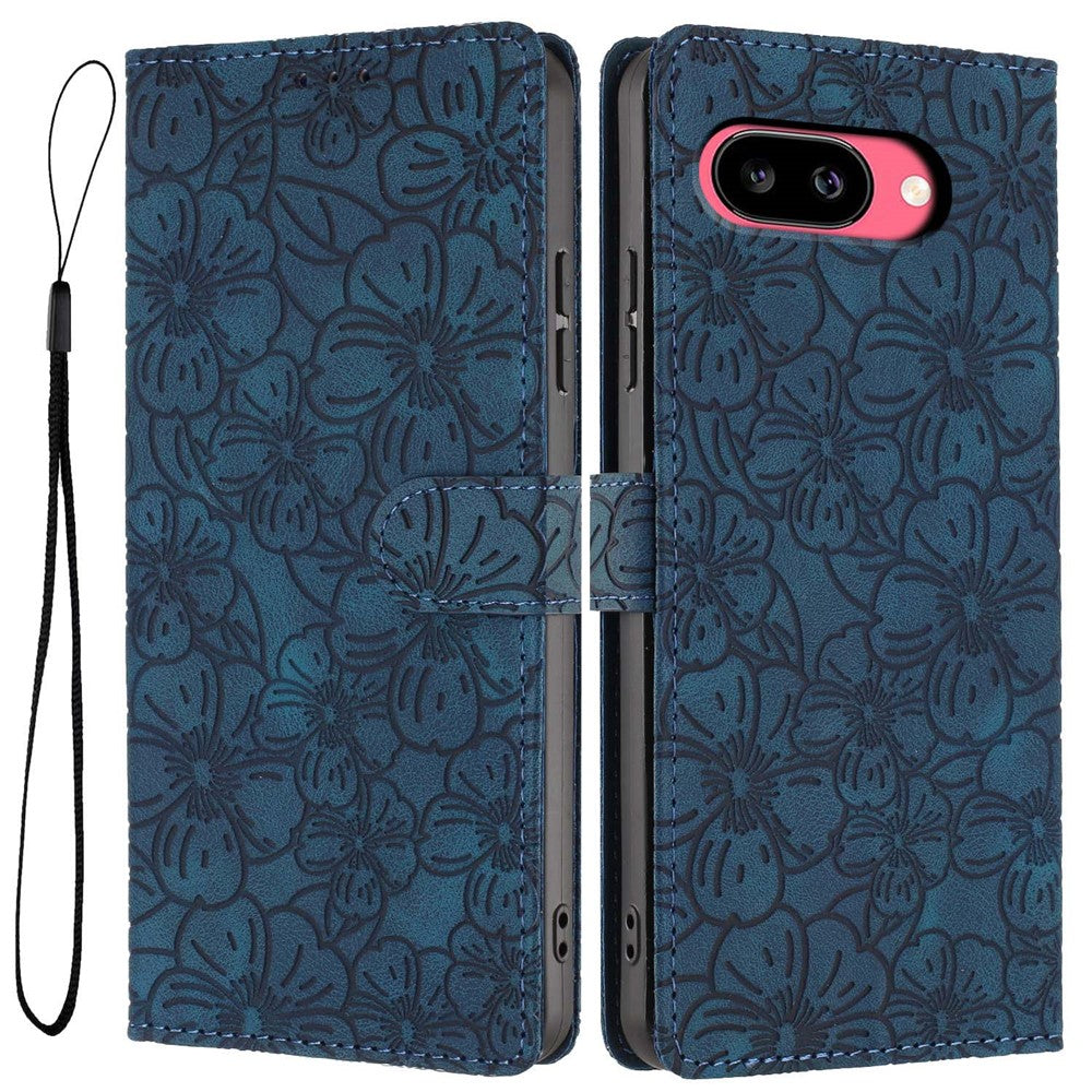 For Google Pixel 9a Flip Case Cherry Blossom Pattern Leather Wallet Stand Phone Cover with Wrist Strap