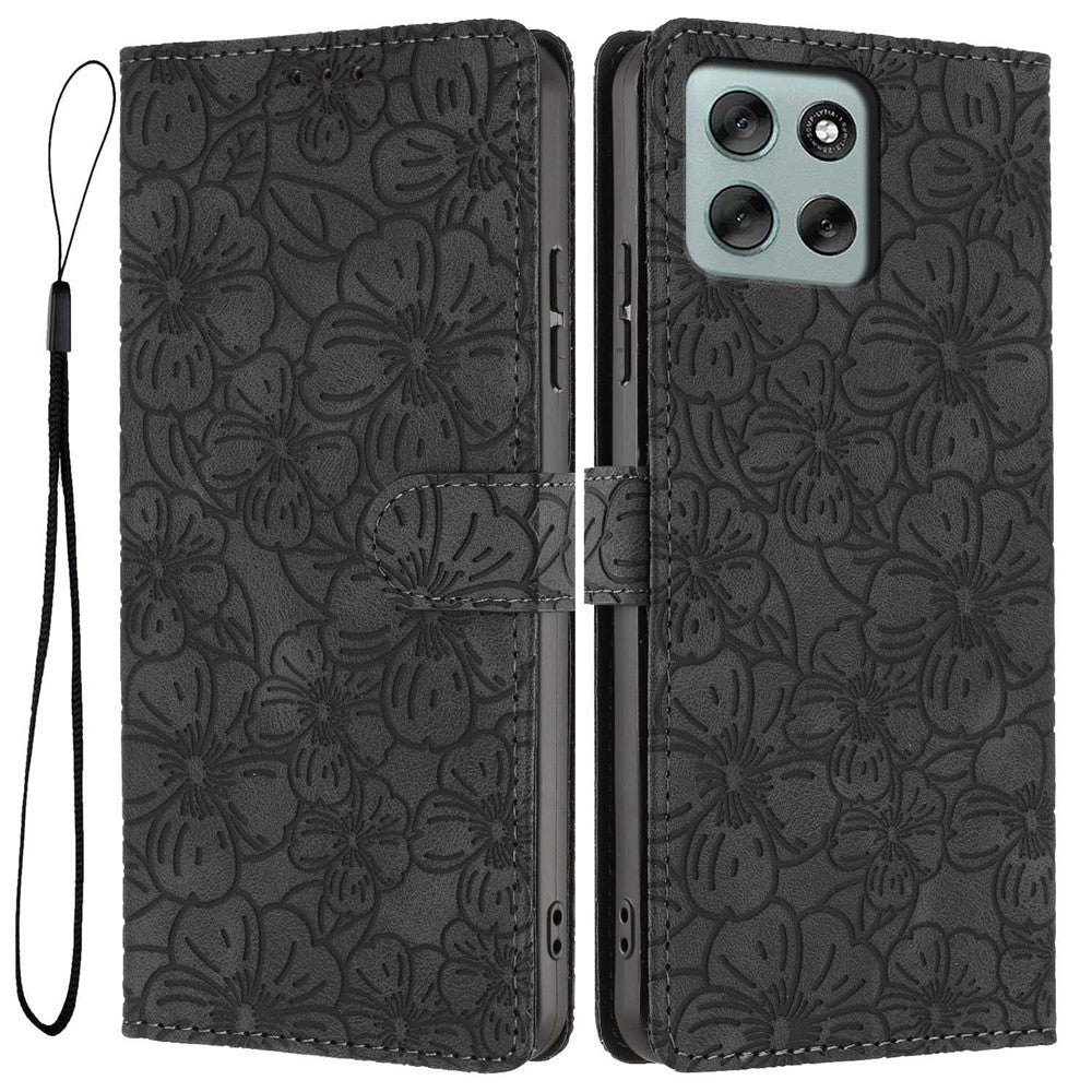 For Motorola Moto G56 5G Flip Case Cherry Blossom Pattern Leather Wallet Stand Phone Cover with Wrist Strap