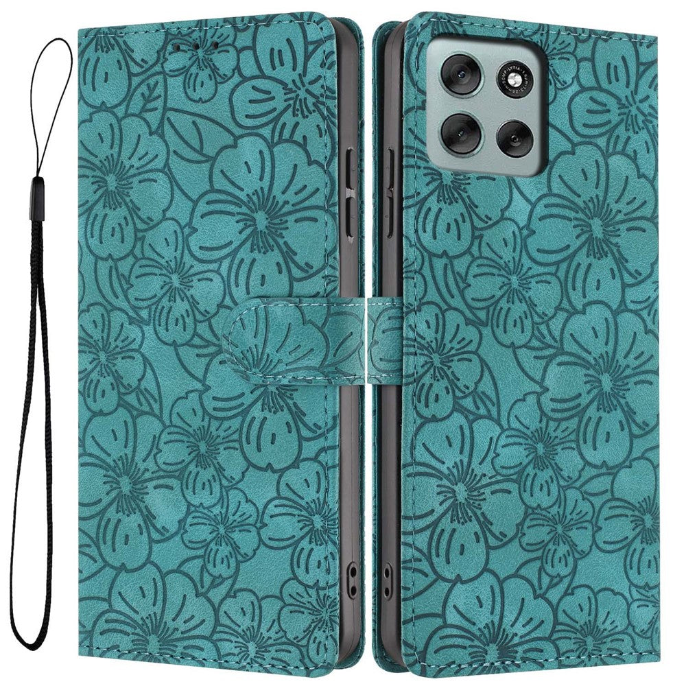 For Motorola Moto G56 5G Flip Case Cherry Blossom Pattern Leather Wallet Stand Phone Cover with Wrist Strap