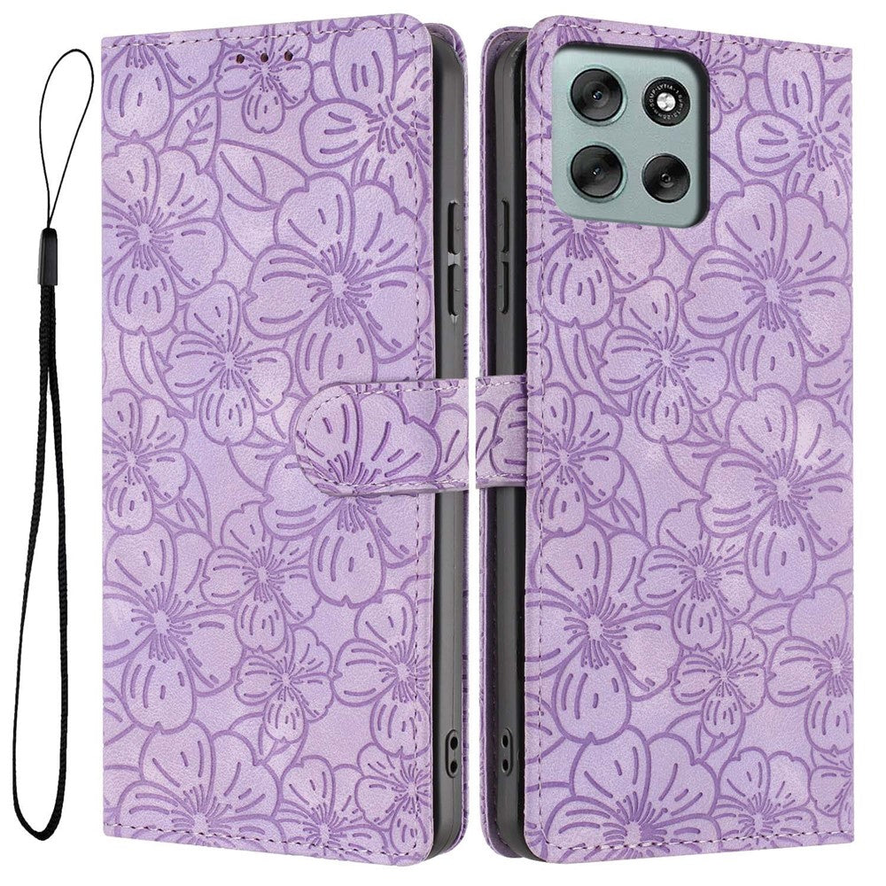 For Motorola Moto G56 5G Flip Case Cherry Blossom Pattern Leather Wallet Stand Phone Cover with Wrist Strap