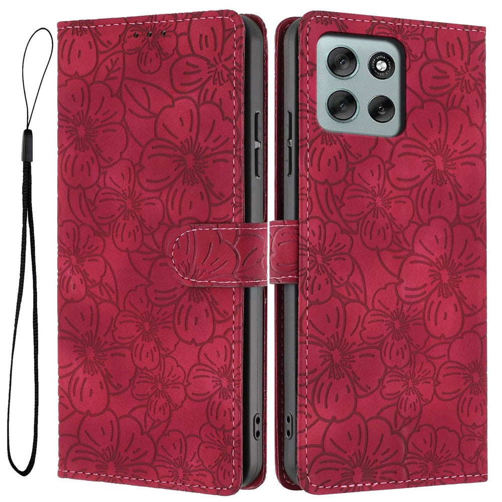For Motorola Moto G56 5G Flip Case Cherry Blossom Pattern Leather Wallet Stand Phone Cover with Wrist Strap