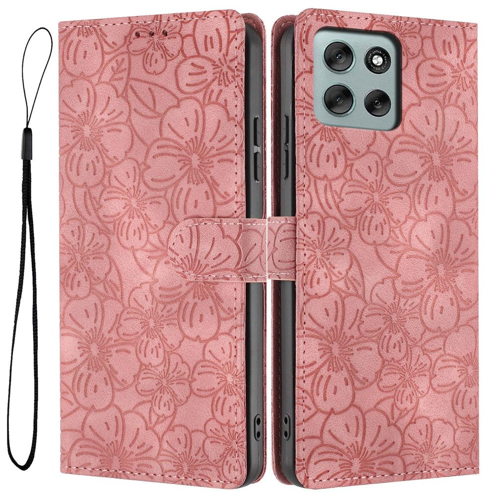 For Motorola Moto G56 5G Flip Case Cherry Blossom Pattern Leather Wallet Stand Phone Cover with Wrist Strap