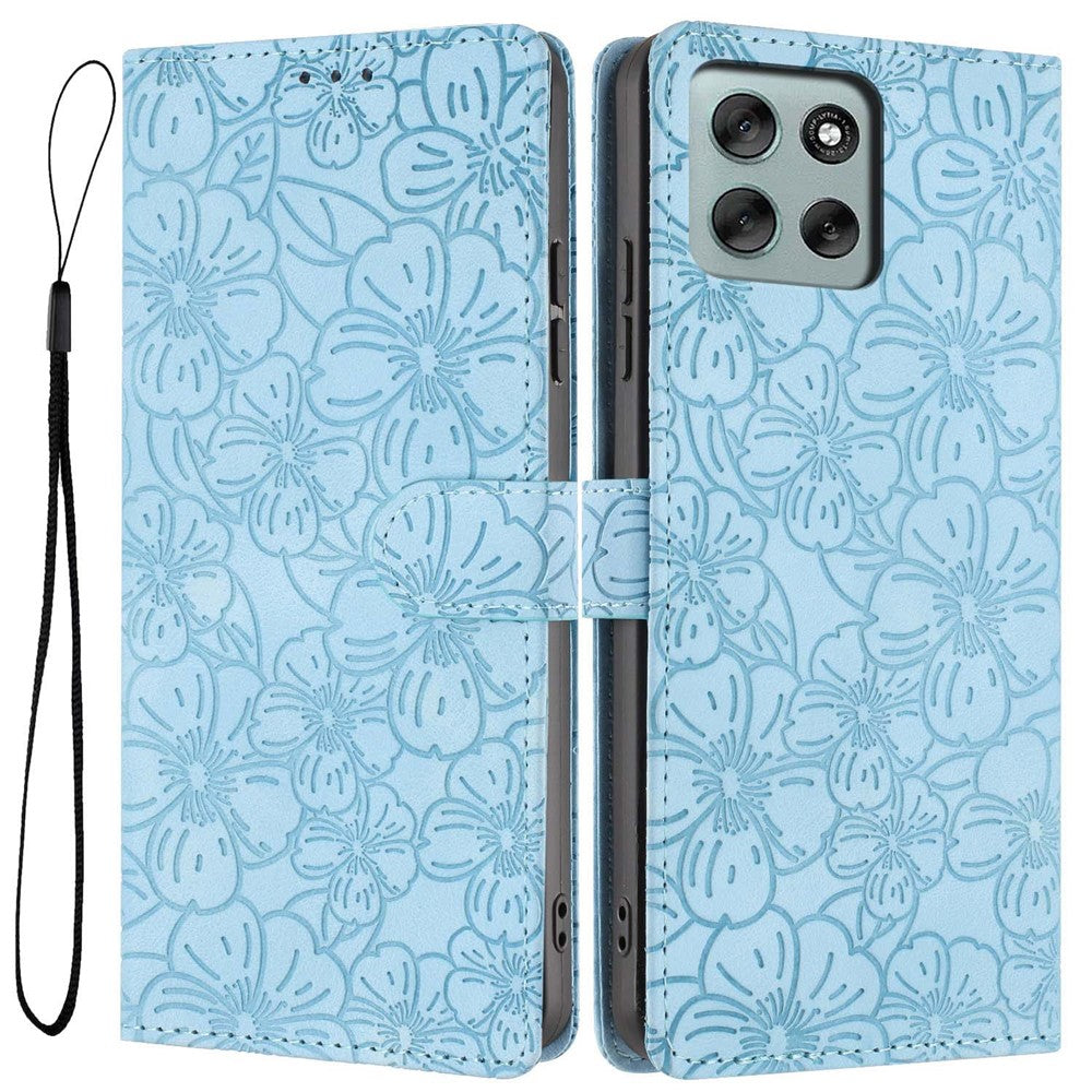 For Motorola Moto G56 5G Flip Case Cherry Blossom Pattern Leather Wallet Stand Phone Cover with Wrist Strap