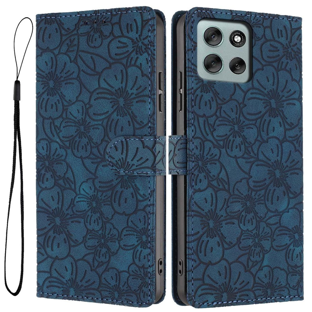 For Motorola Moto G56 5G Flip Case Cherry Blossom Pattern Leather Wallet Stand Phone Cover with Wrist Strap