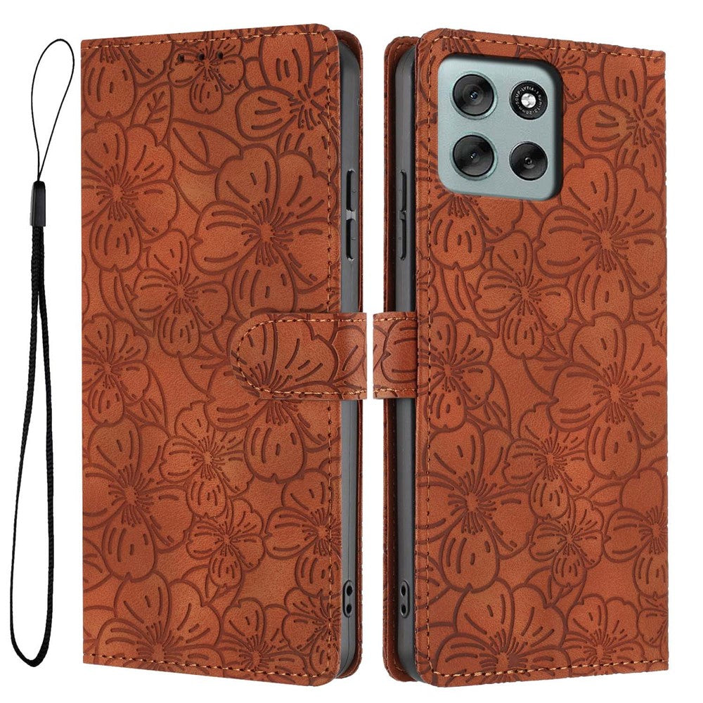 For Motorola Moto G56 5G Flip Case Cherry Blossom Pattern Leather Wallet Stand Phone Cover with Wrist Strap