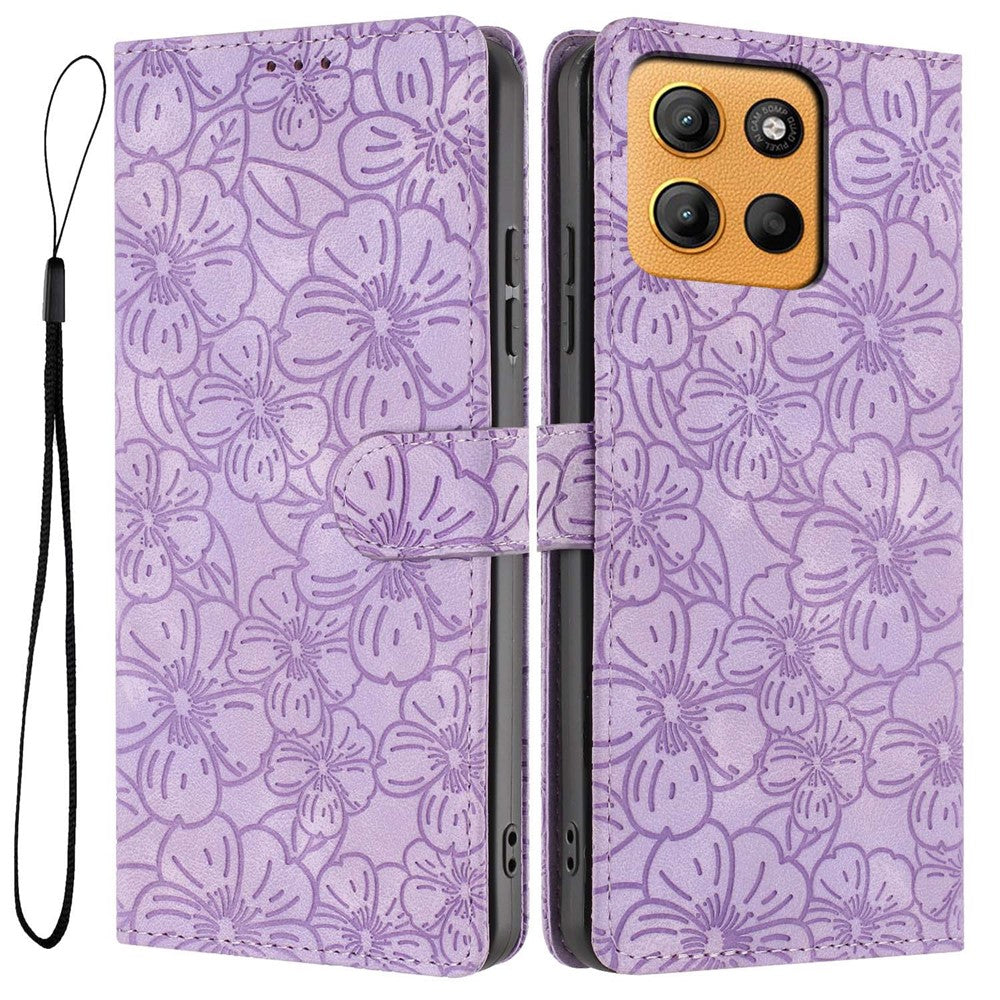 For Motorola Moto G15 4G  /  G15 Power 4G Flip Case Cherry Blossom Pattern Leather Wallet Stand Phone Cover with Wrist Strap