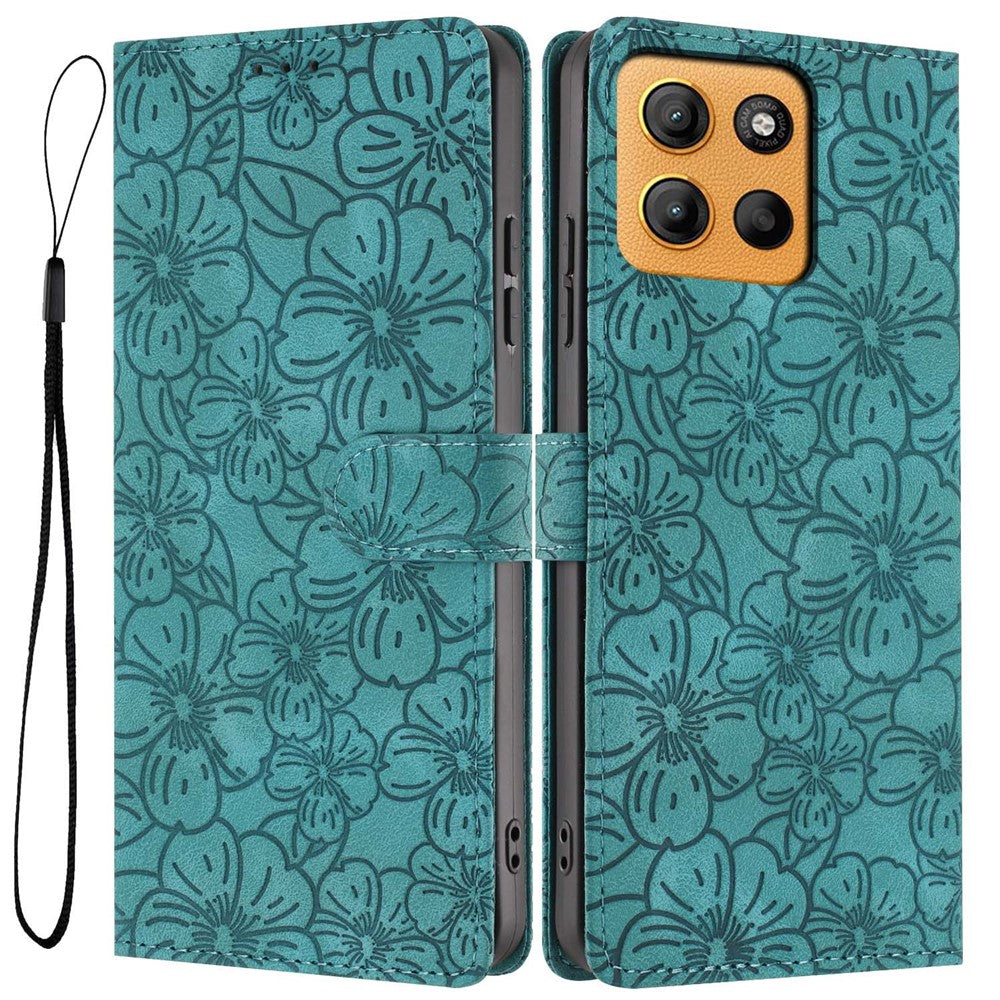 For Motorola Moto G15 4G  /  G15 Power 4G Flip Case Cherry Blossom Pattern Leather Wallet Stand Phone Cover with Wrist Strap