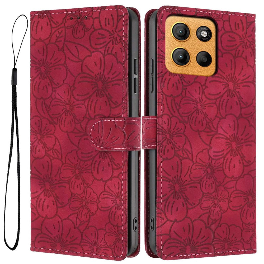 For Motorola Moto G15 4G  /  G15 Power 4G Flip Case Cherry Blossom Pattern Leather Wallet Stand Phone Cover with Wrist Strap