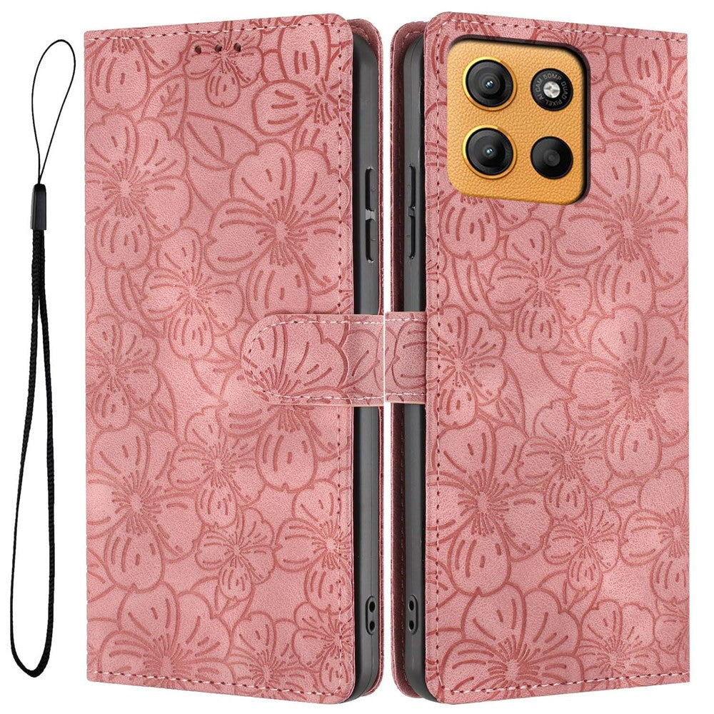 For Motorola Moto G15 4G  /  G15 Power 4G Flip Case Cherry Blossom Pattern Leather Wallet Stand Phone Cover with Wrist Strap