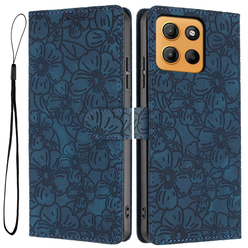 For Motorola Moto G15 4G  /  G15 Power 4G Flip Case Cherry Blossom Pattern Leather Wallet Stand Phone Cover with Wrist Strap