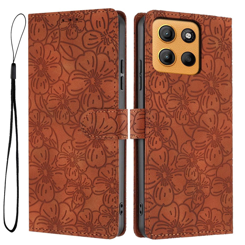 For Motorola Moto G15 4G  /  G15 Power 4G Flip Case Cherry Blossom Pattern Leather Wallet Stand Phone Cover with Wrist Strap