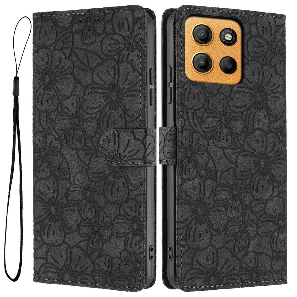 For Motorola Moto G15 4G  /  G15 Power 4G Flip Case Cherry Blossom Pattern Leather Wallet Stand Phone Cover with Wrist Strap