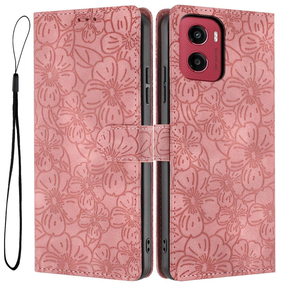 For Motorola Moto G05 4G  /  E15 4G Flip Case Cherry Blossom Pattern Leather Wallet Stand Phone Cover with Wrist Strap