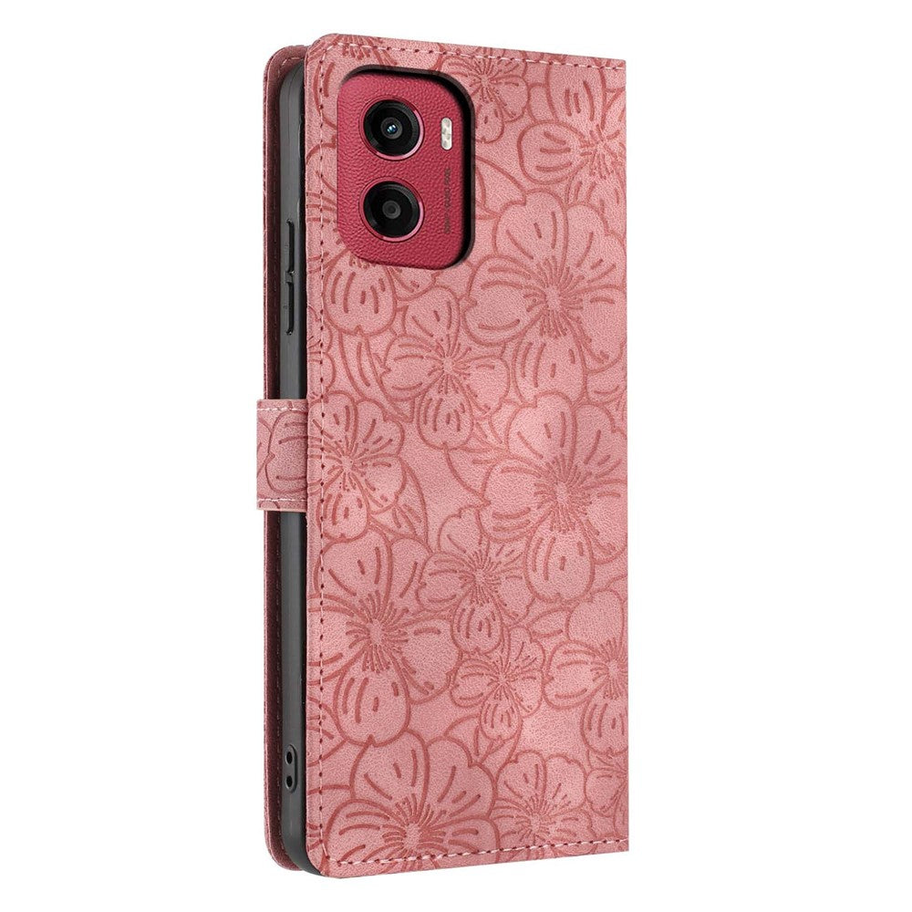 For Motorola Moto G05 4G  /  E15 4G Flip Case Cherry Blossom Pattern Leather Wallet Stand Phone Cover with Wrist Strap