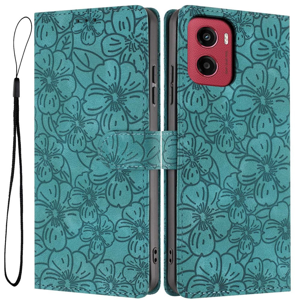 For Motorola Moto G05 4G  /  E15 4G Flip Case Cherry Blossom Pattern Leather Wallet Stand Phone Cover with Wrist Strap