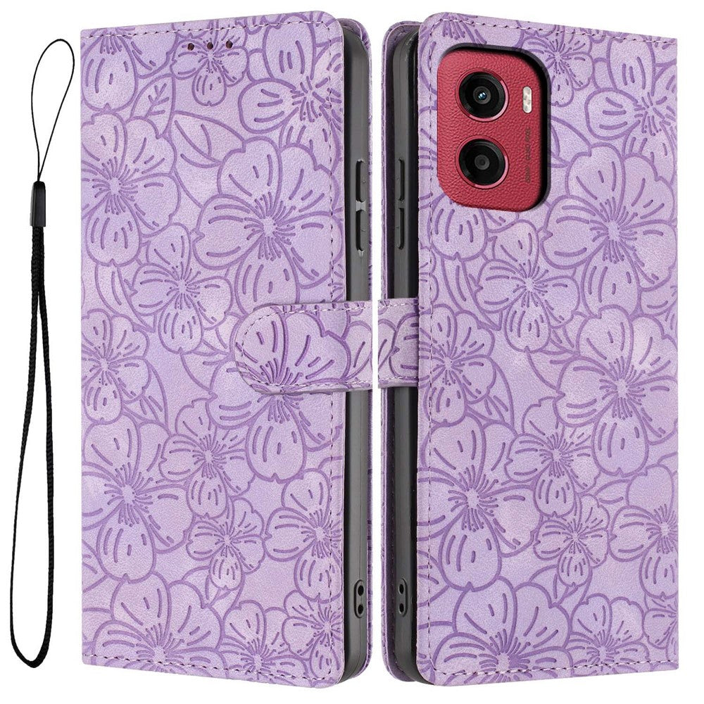 For Motorola Moto G05 4G  /  E15 4G Flip Case Cherry Blossom Pattern Leather Wallet Stand Phone Cover with Wrist Strap