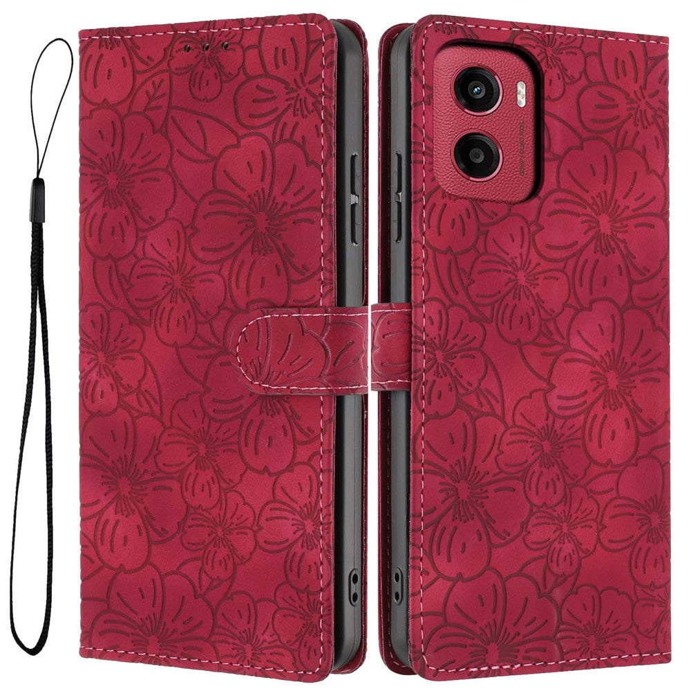 For Motorola Moto G05 4G  /  E15 4G Flip Case Cherry Blossom Pattern Leather Wallet Stand Phone Cover with Wrist Strap