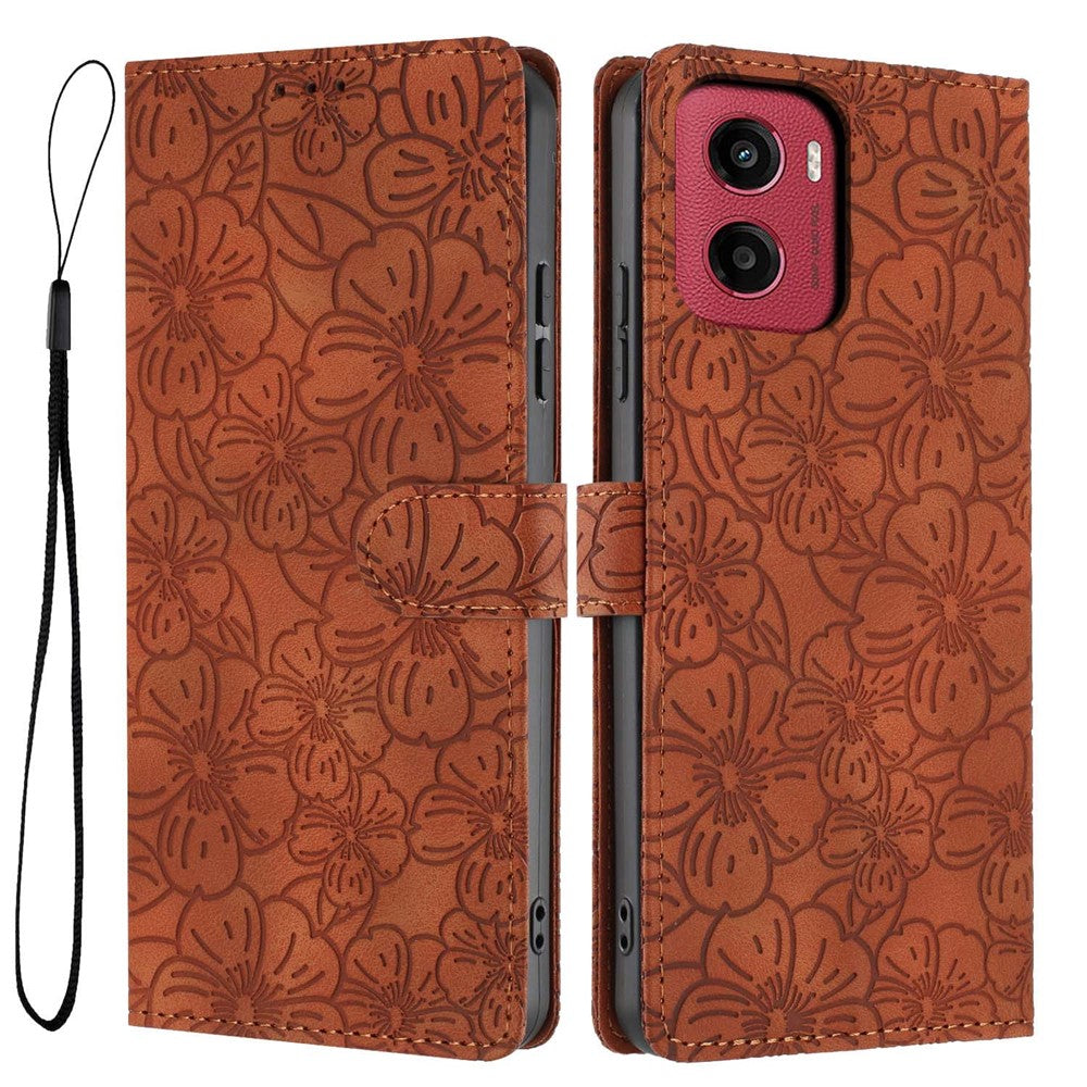 For Motorola Moto G05 4G  /  E15 4G Flip Case Cherry Blossom Pattern Leather Wallet Stand Phone Cover with Wrist Strap