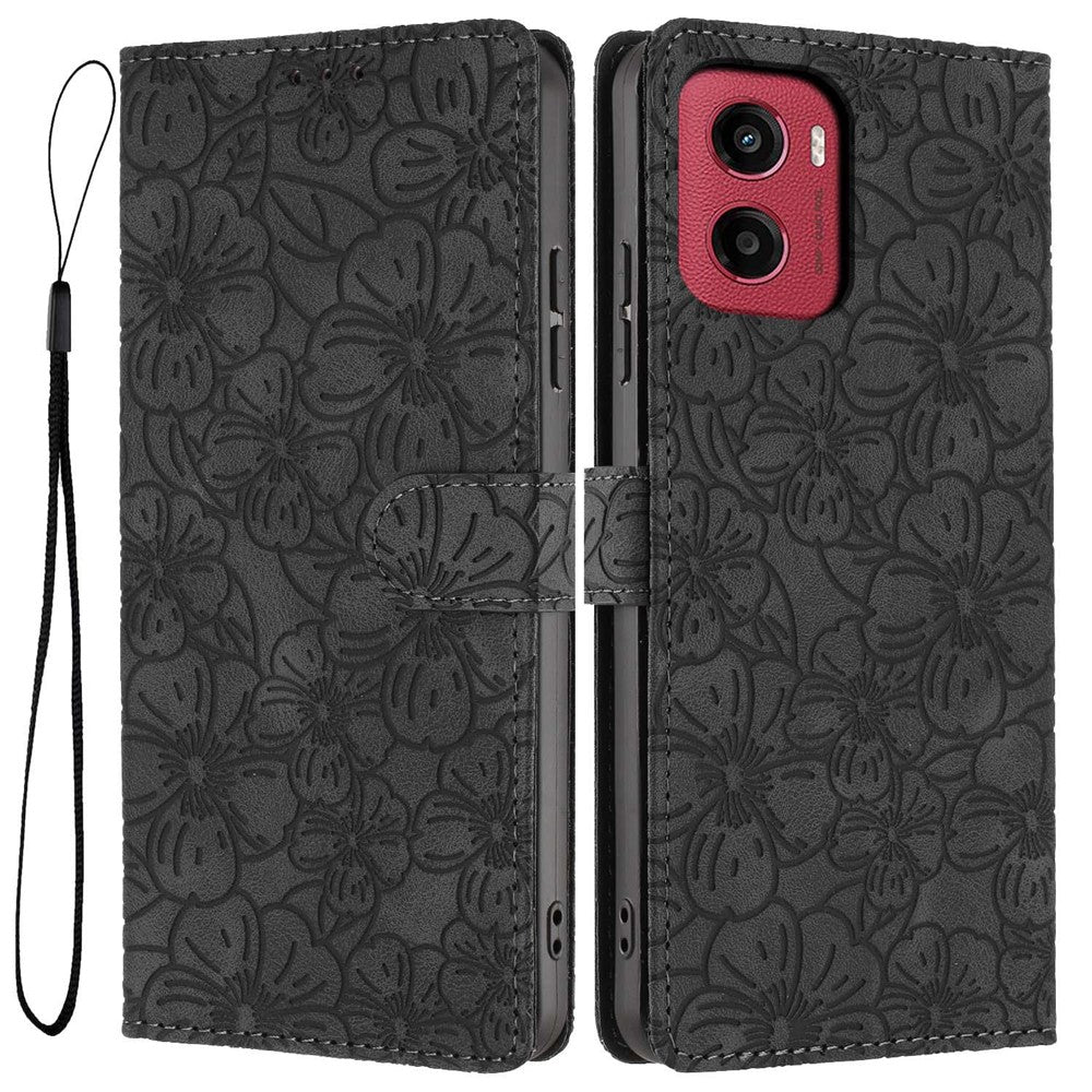 For Motorola Moto G05 4G  /  E15 4G Flip Case Cherry Blossom Pattern Leather Wallet Stand Phone Cover with Wrist Strap