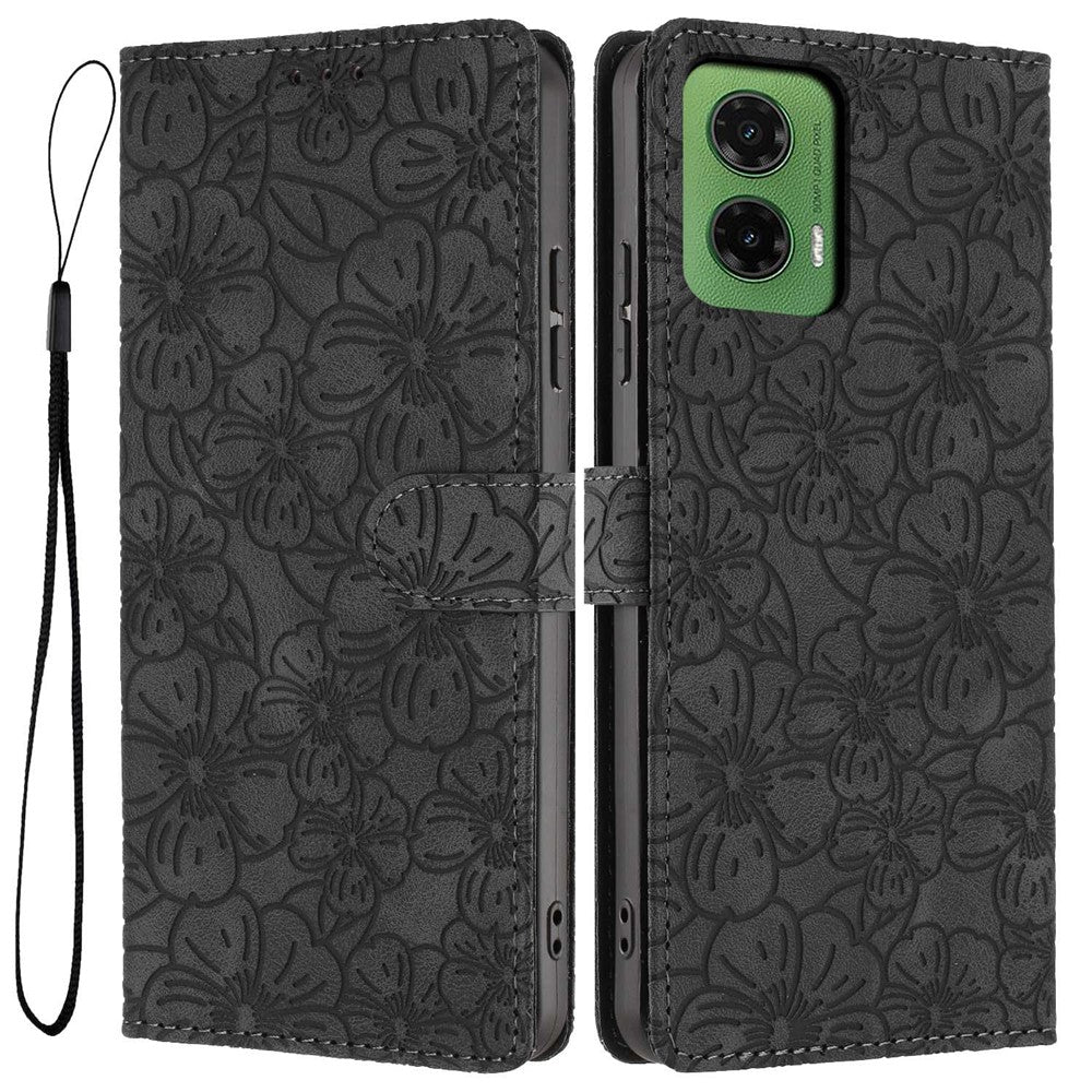 For Motorola Moto G35 5G Flip Case Cherry Blossom Pattern Leather Wallet Stand Phone Cover with Wrist Strap