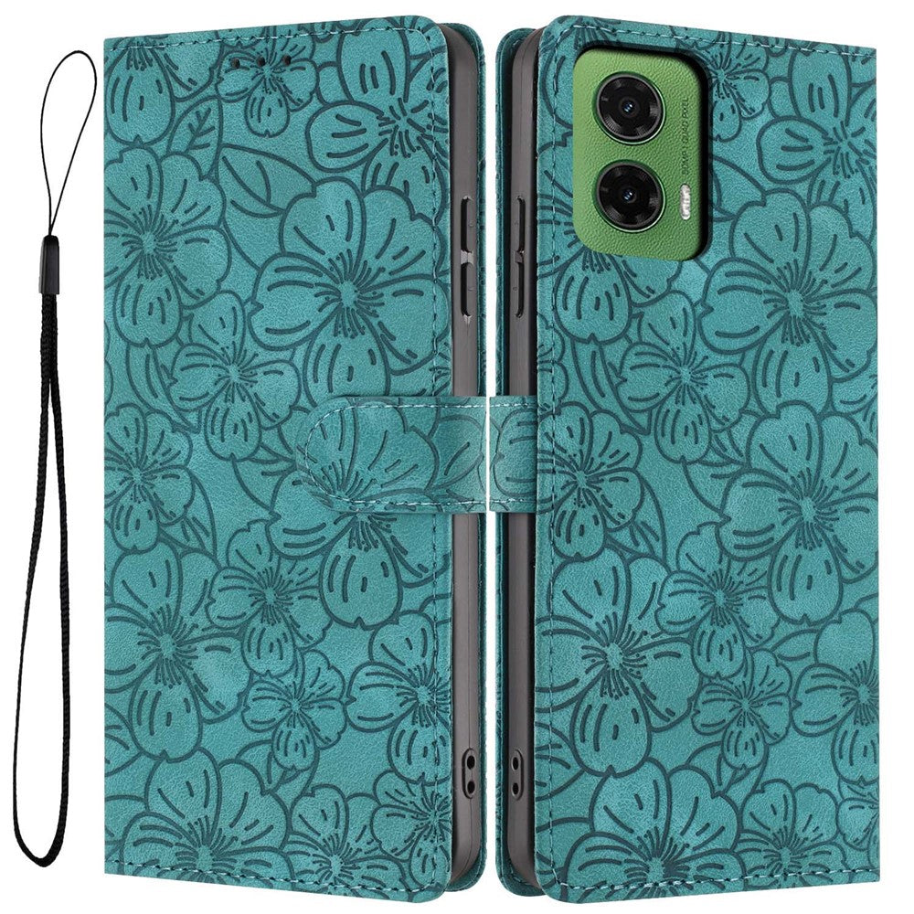 For Motorola Moto G35 5G Flip Case Cherry Blossom Pattern Leather Wallet Stand Phone Cover with Wrist Strap