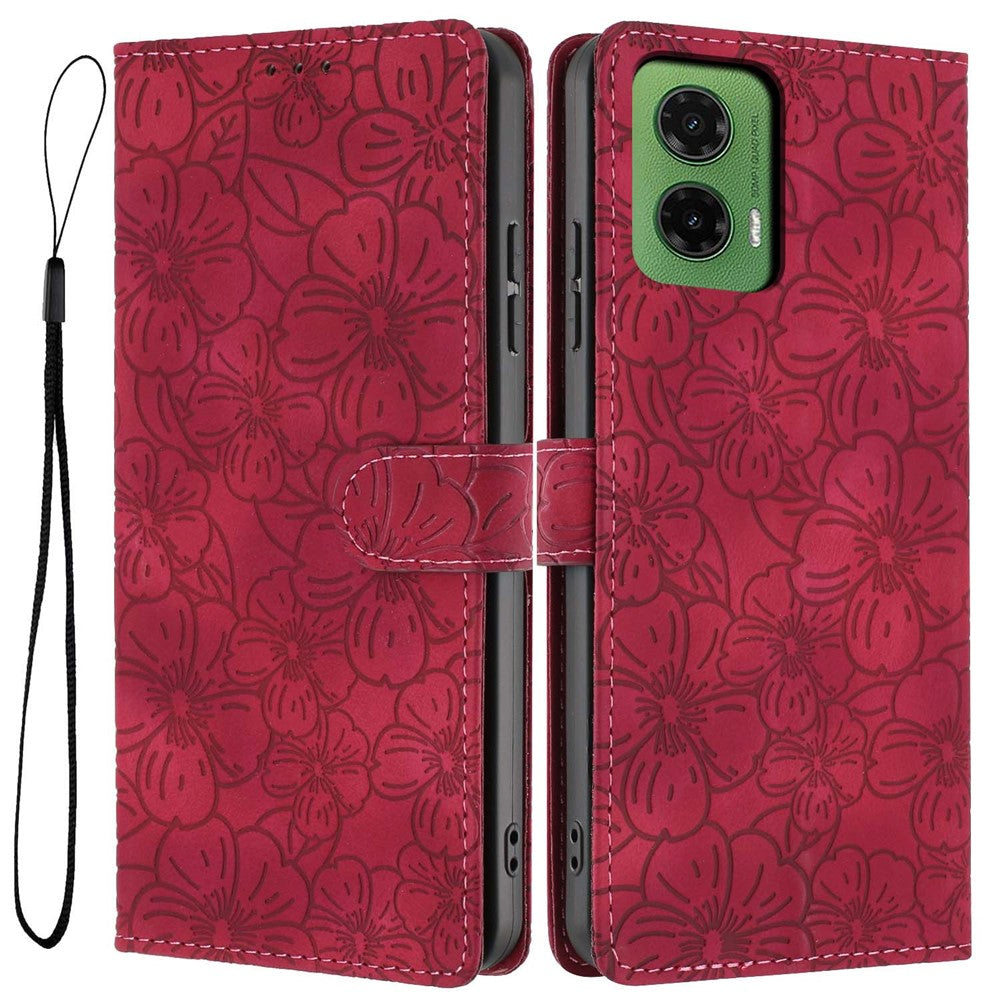 For Motorola Moto G35 5G Flip Case Cherry Blossom Pattern Leather Wallet Stand Phone Cover with Wrist Strap