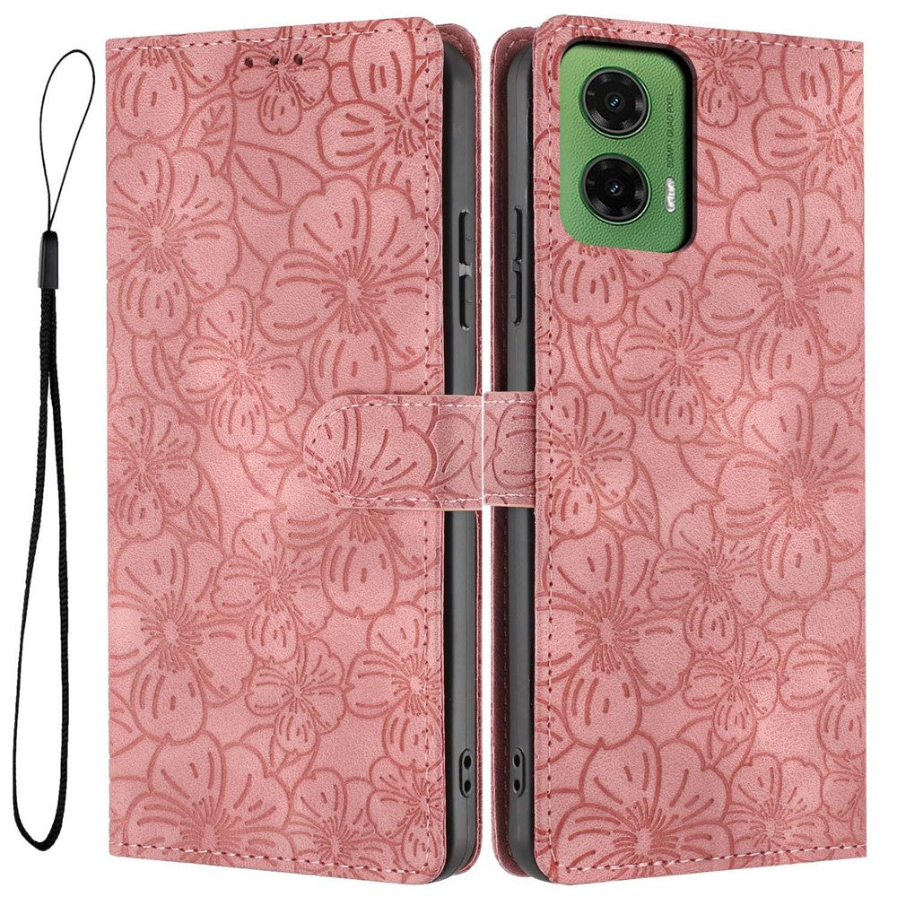 For Motorola Moto G35 5G Flip Case Cherry Blossom Pattern Leather Wallet Stand Phone Cover with Wrist Strap