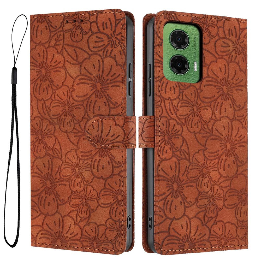 For Motorola Moto G35 5G Flip Case Cherry Blossom Pattern Leather Wallet Stand Phone Cover with Wrist Strap