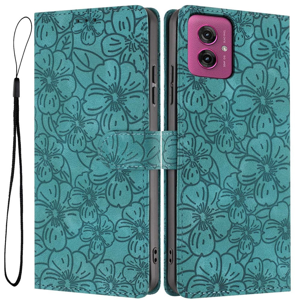 For Motorola Moto G55 5G Flip Case Cherry Blossom Pattern Leather Wallet Stand Phone Cover with Wrist Strap