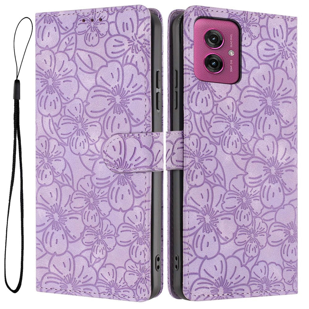 For Motorola Moto G55 5G Flip Case Cherry Blossom Pattern Leather Wallet Stand Phone Cover with Wrist Strap