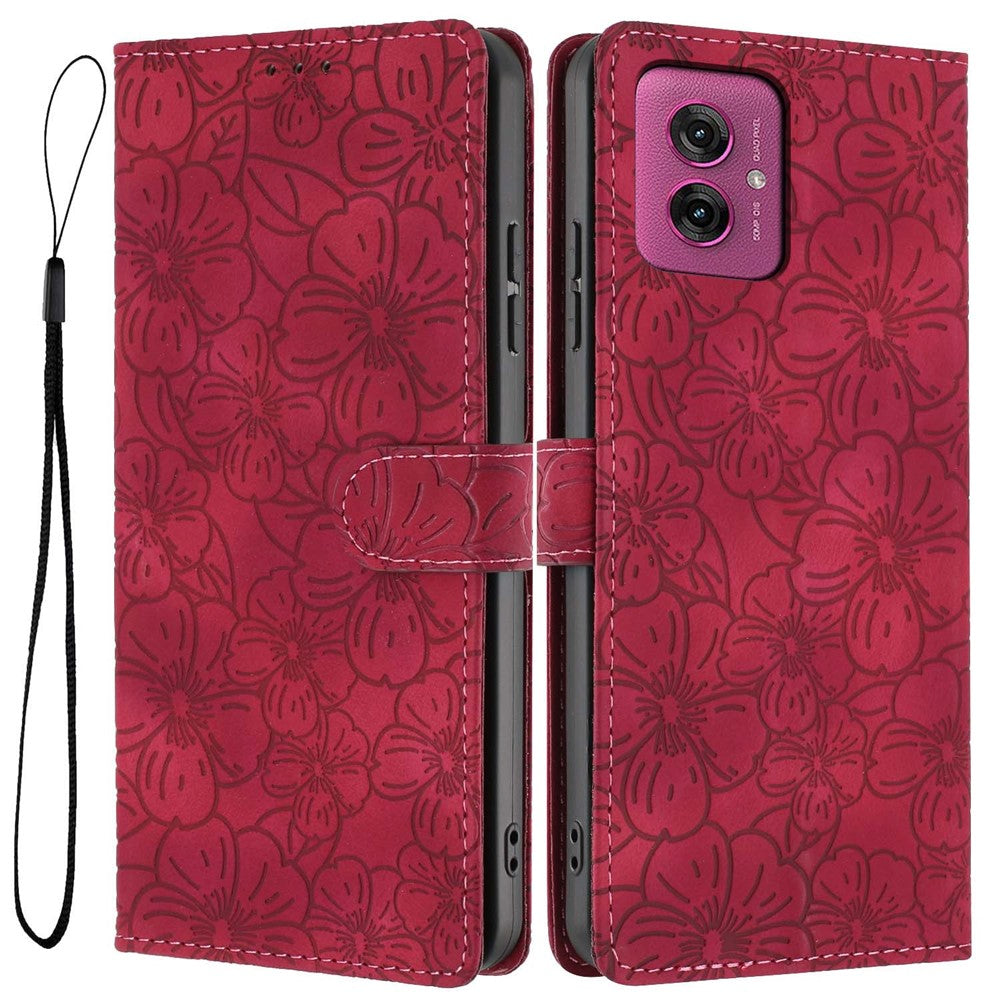For Motorola Moto G55 5G Flip Case Cherry Blossom Pattern Leather Wallet Stand Phone Cover with Wrist Strap