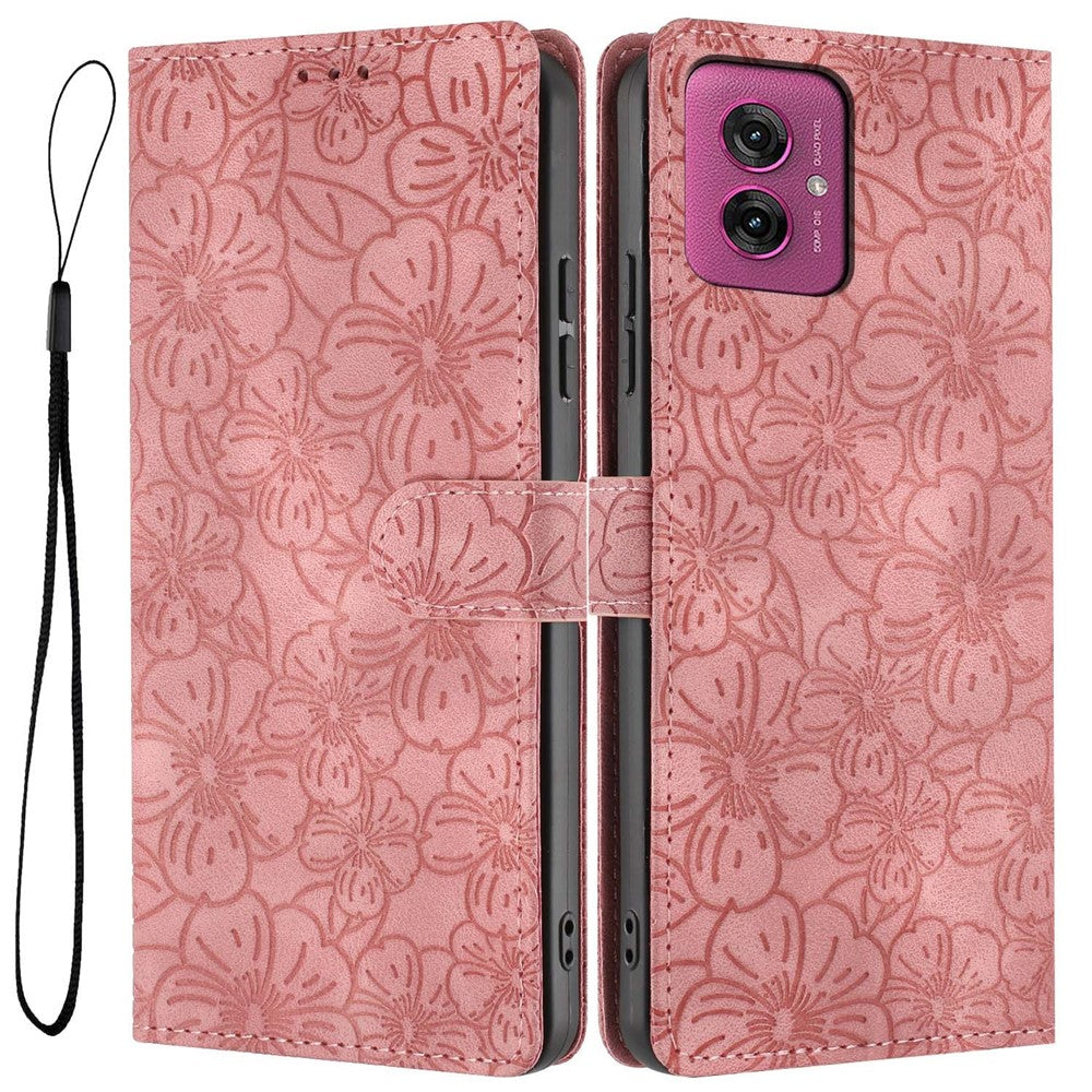 For Motorola Moto G55 5G Flip Case Cherry Blossom Pattern Leather Wallet Stand Phone Cover with Wrist Strap