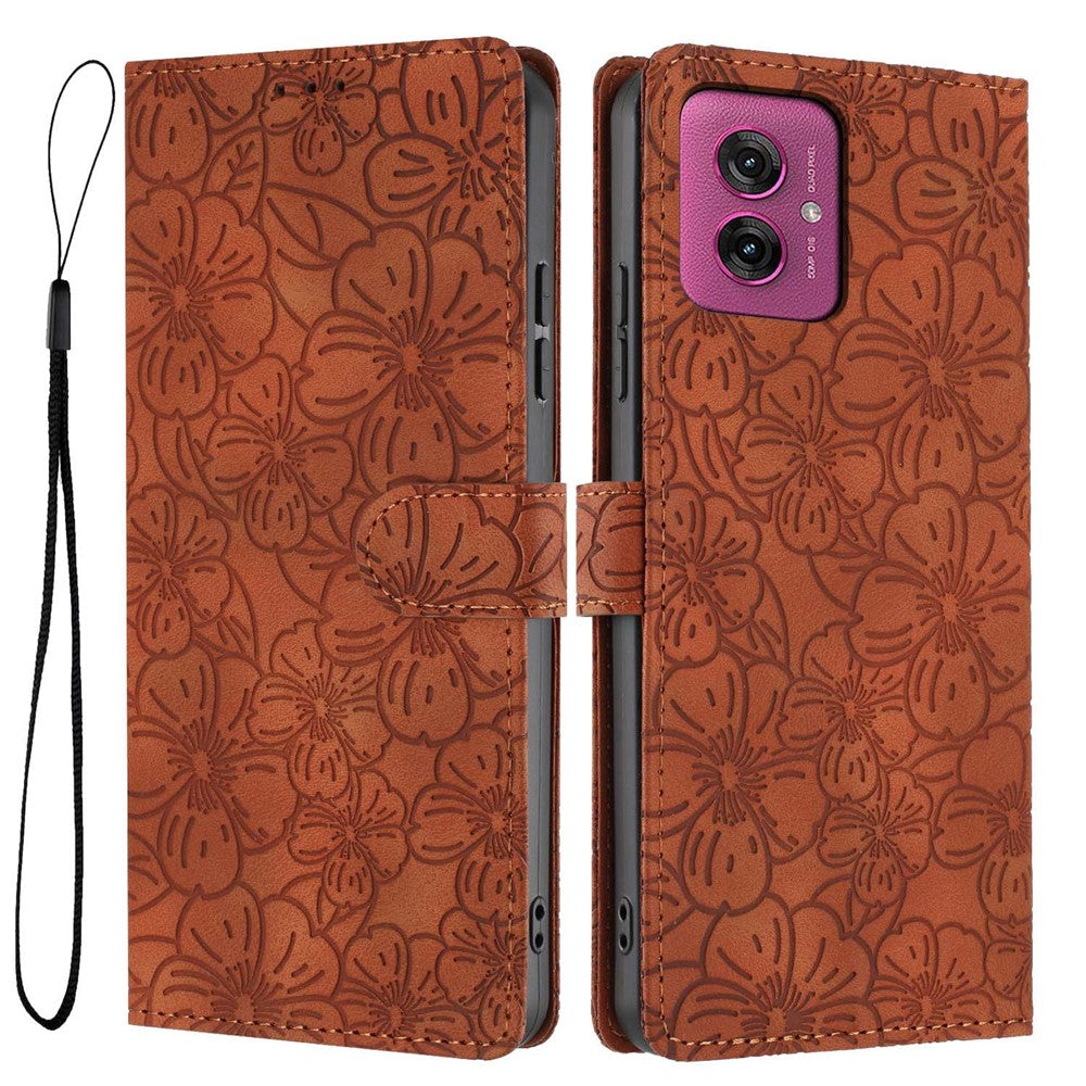 For Motorola Moto G55 5G Flip Case Cherry Blossom Pattern Leather Wallet Stand Phone Cover with Wrist Strap