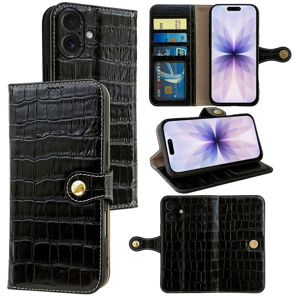 For iPhone 17 Case Crocodile Texture Genuine Cow Leather Wallet Phone Cover