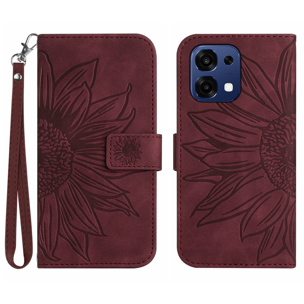 For Oppo A6 Pro 5G Case Sunflower Imprint Leather Wallet Phone Cover with Wrist Strap