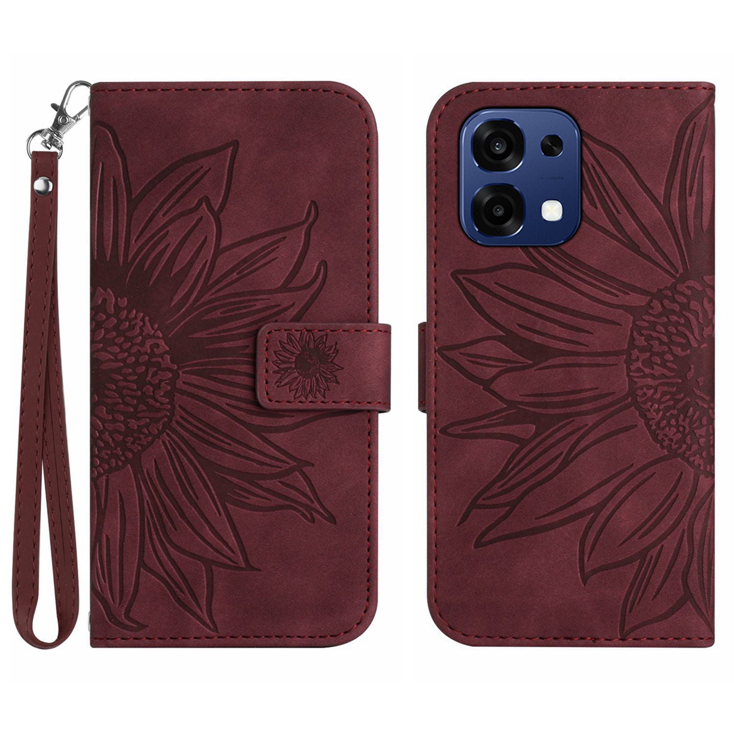 For Oppo A6 Pro 5G Case Sunflower Imprint Leather Wallet Phone Cover with Wrist Strap
