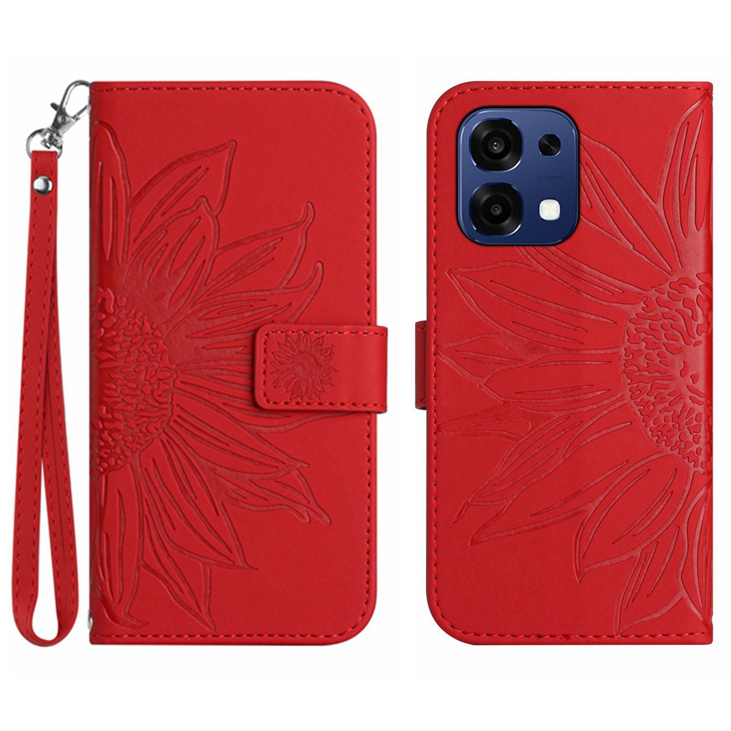For Oppo A6 Pro 5G Case Sunflower Imprint Leather Wallet Phone Cover with Wrist Strap