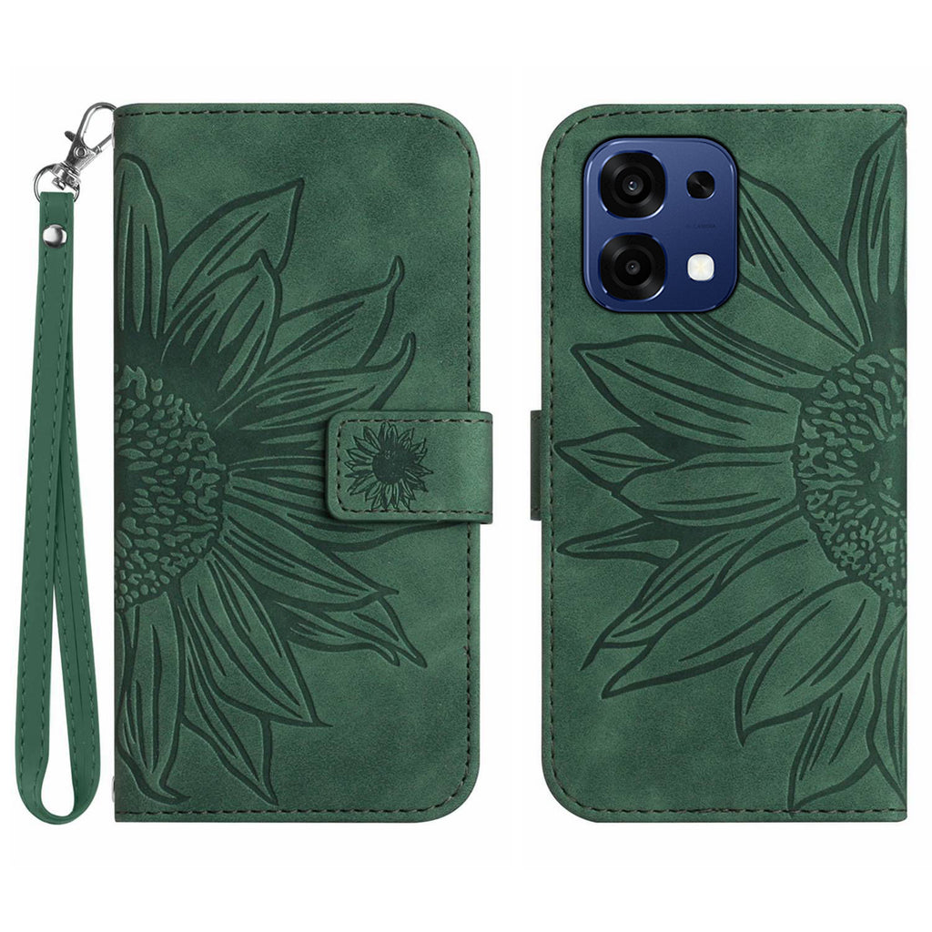 For Oppo A6 Pro 5G Case Sunflower Imprint Leather Wallet Phone Cover with Wrist Strap
