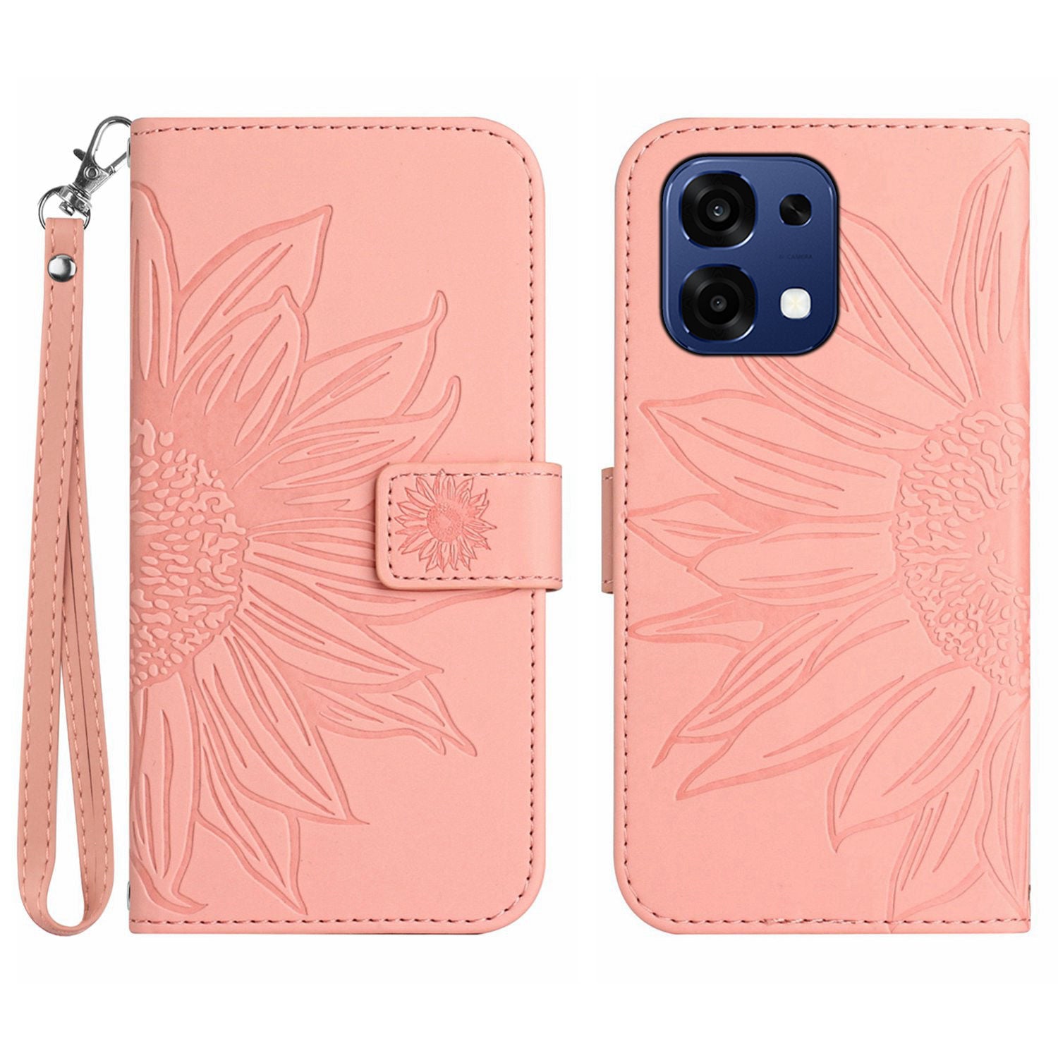 For Oppo A6 Pro 5G Case Sunflower Imprint Leather Wallet Phone Cover with Wrist Strap