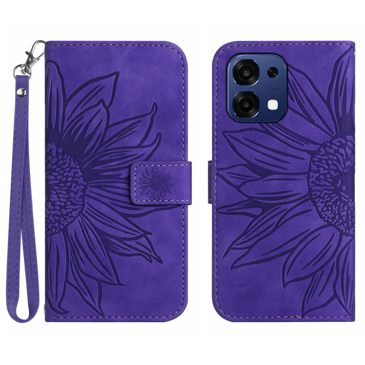 For Oppo A6 Pro 5G Case Sunflower Imprint Leather Wallet Phone Cover with Wrist Strap