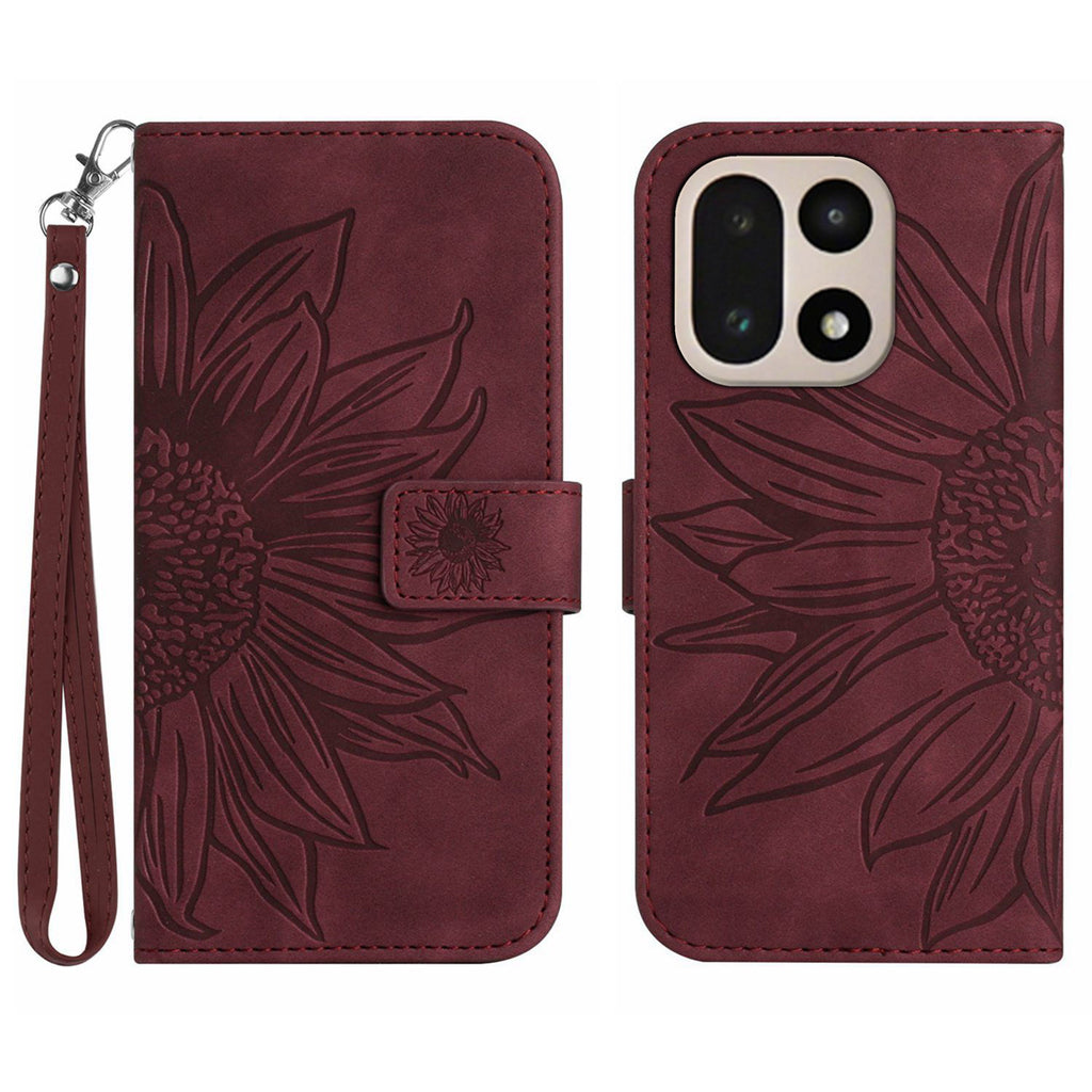 For OnePlus 15 5G Case Sunflower Imprint Leather Wallet Phone Cover with Wrist Strap
