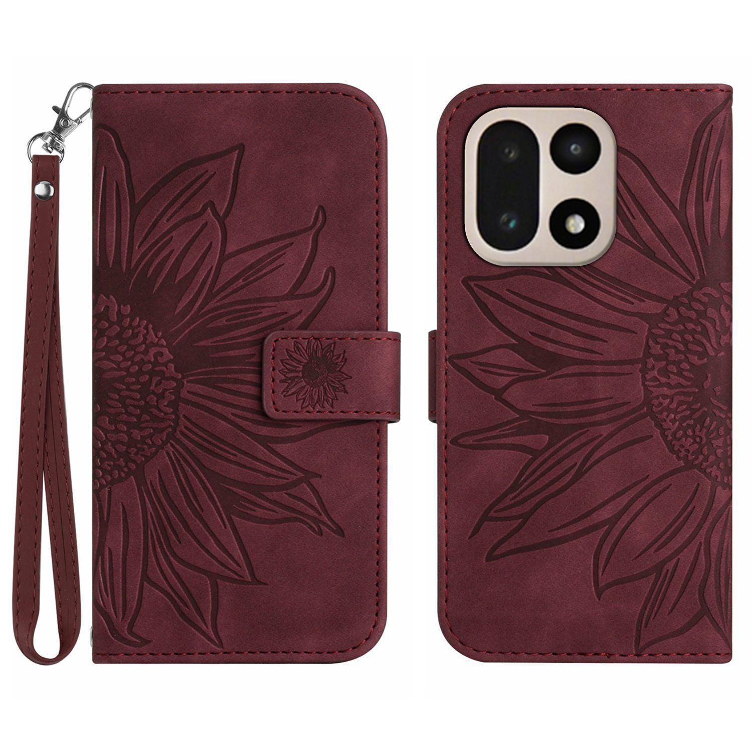 For OnePlus 15 5G Case Sunflower Imprint Leather Wallet Phone Cover with Wrist Strap