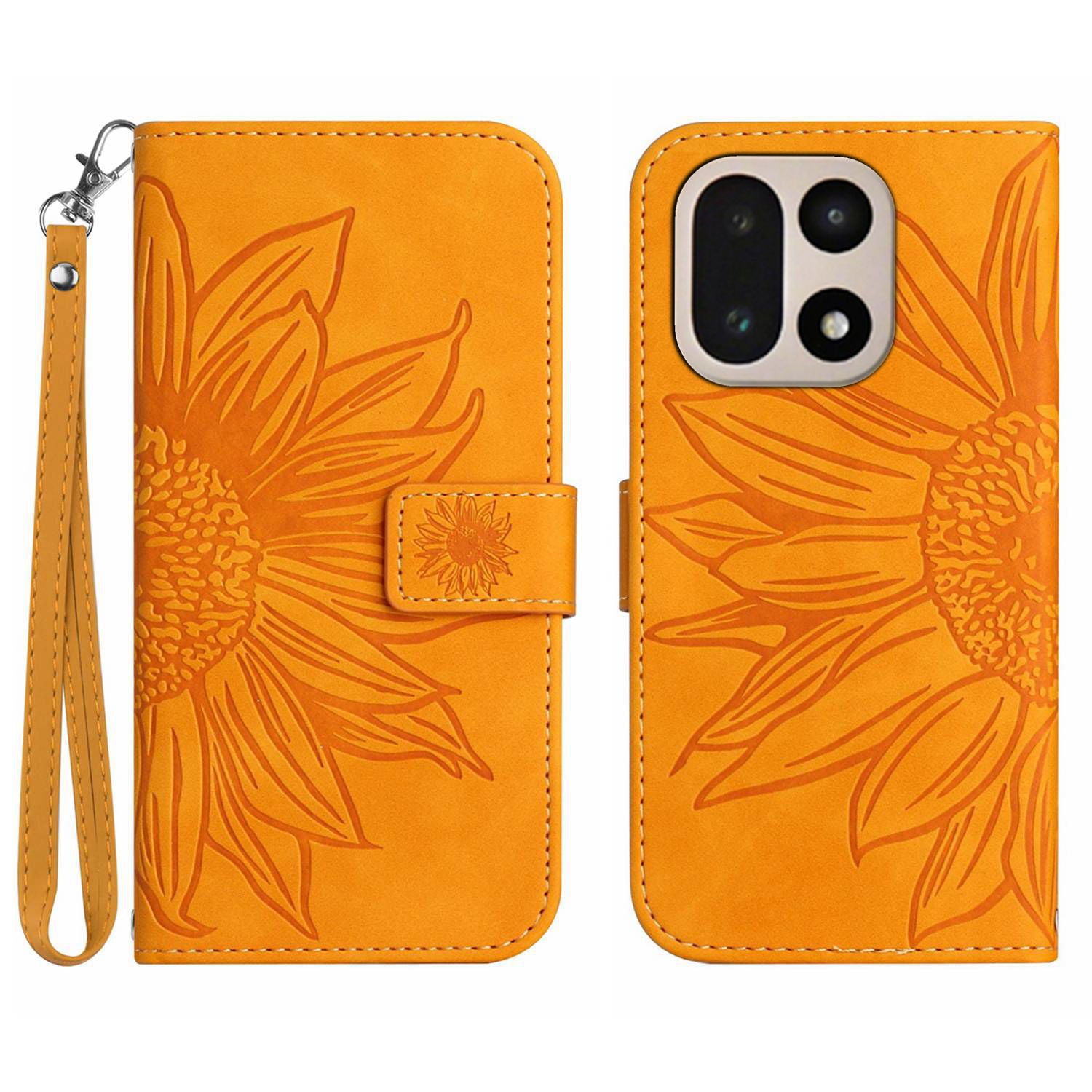 For OnePlus 15 5G Case Sunflower Imprint Leather Wallet Phone Cover with Wrist Strap