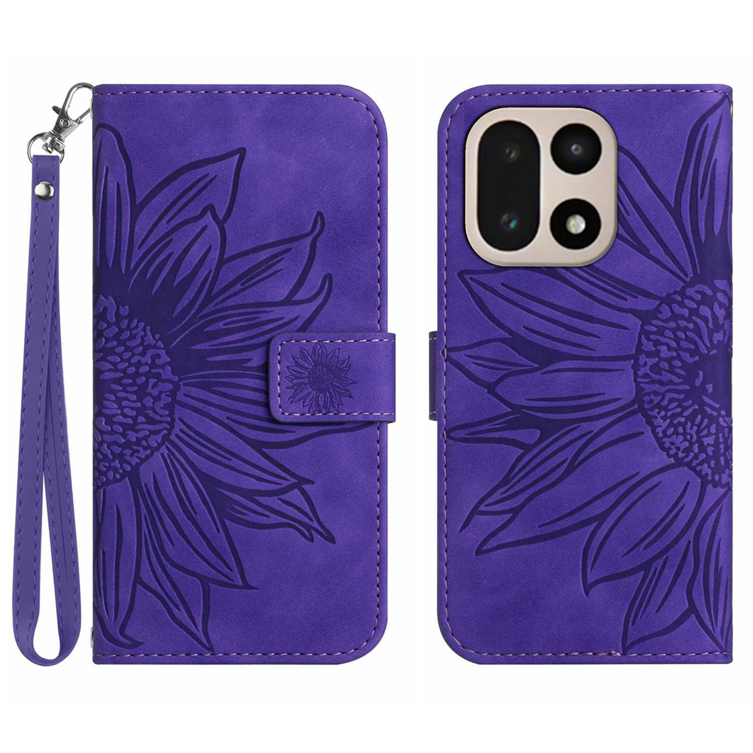 For OnePlus 15 5G Case Sunflower Imprint Leather Wallet Phone Cover with Wrist Strap