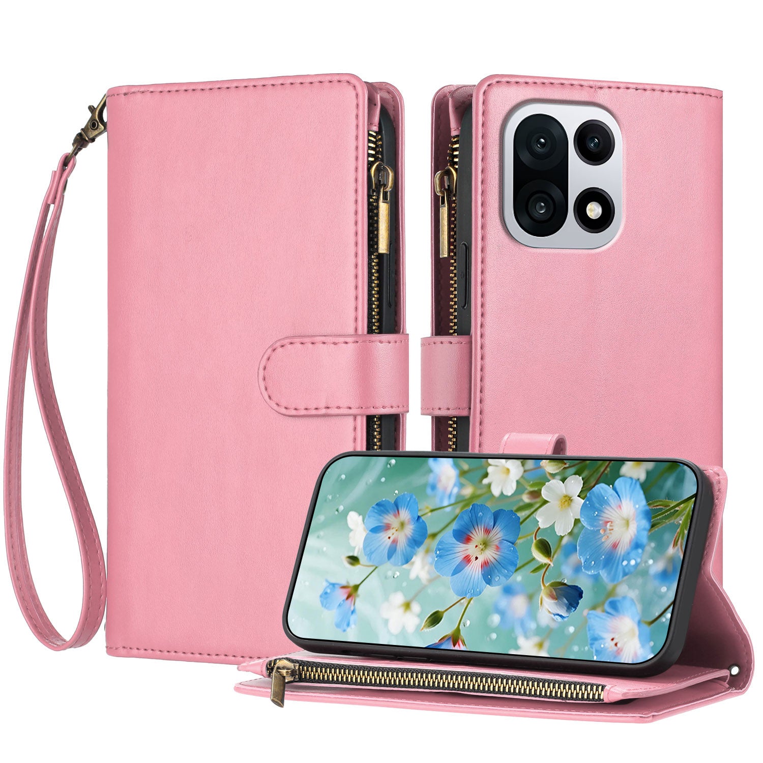 For OnePlus 15 5G Leather Case Zipper Wallet Stand Shockproof Phone Cover with Wrist Strap