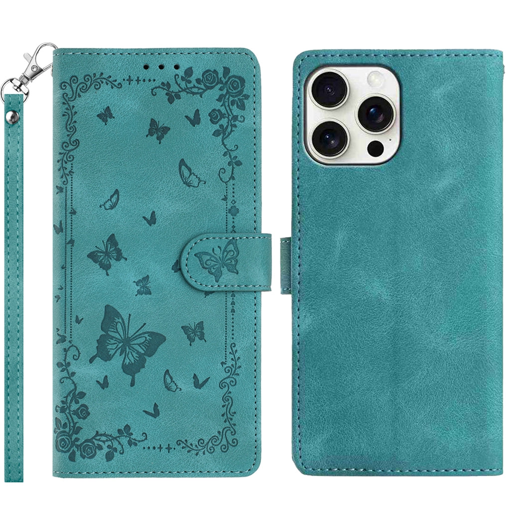 For iPhone 16 Pro Case Garden Imprinted PU Leather Wallet Phone Cover with Wrist Strap
